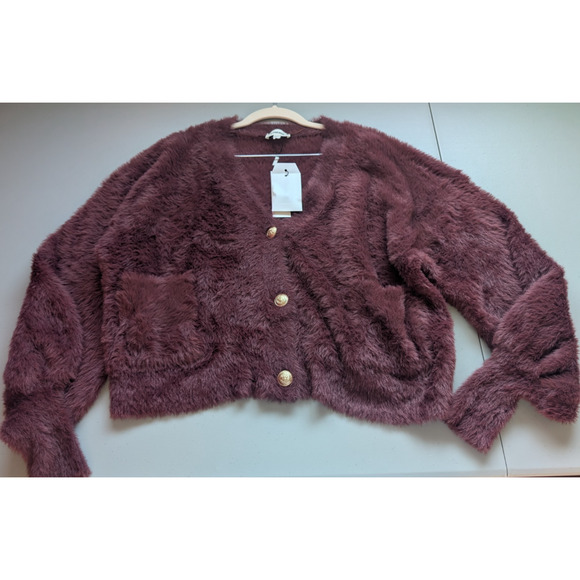 NWT L'Agence Harriet Fuzzy Knit Blouson Sleeve Cardigan Size XXL Burgundy #3D511 - Picture 2 of 11